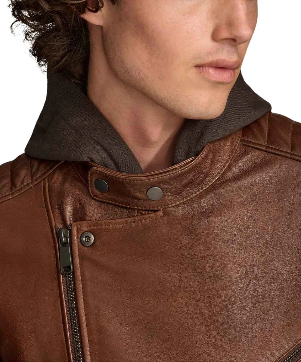 Biker Brown Leather Jacket With Removable Hood For Men