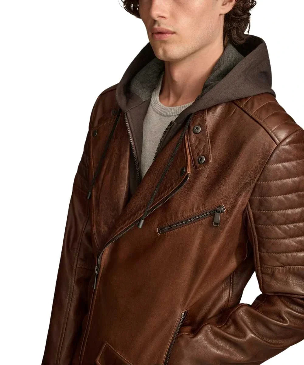 Biker Brown Leather Jacket With Removable Hood Mens