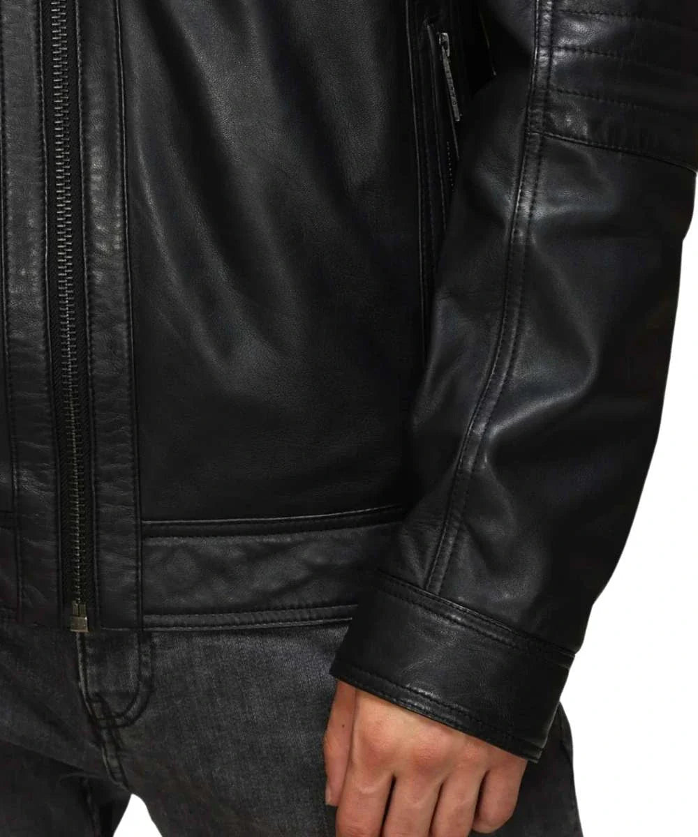 Biker Leather Bomber Black Jacket With Detachable Hood For Men