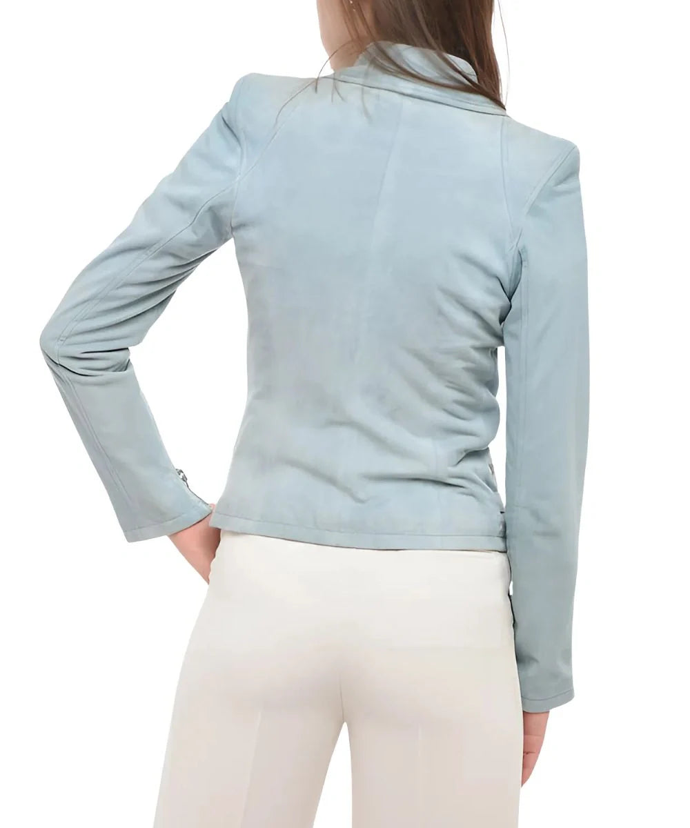 Biker Light Blue Suede Leather Bomber Jacket Womens 