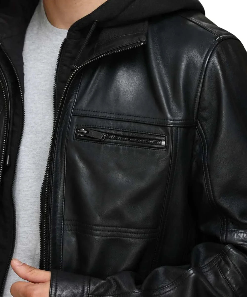 Black Biker Leather Bomber Jacket With Detachable Hood For Men