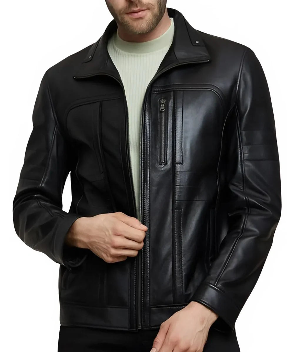 Black Motorcycle Slim Fit Leather Bomber Jacket For Men
