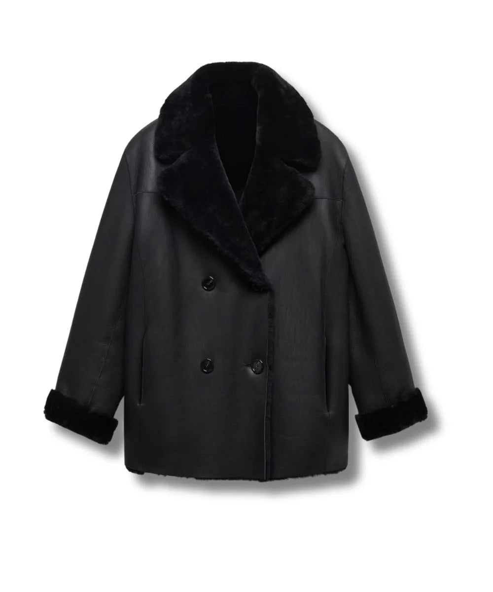 Black Shearling Lined Leather Jacket For Womens