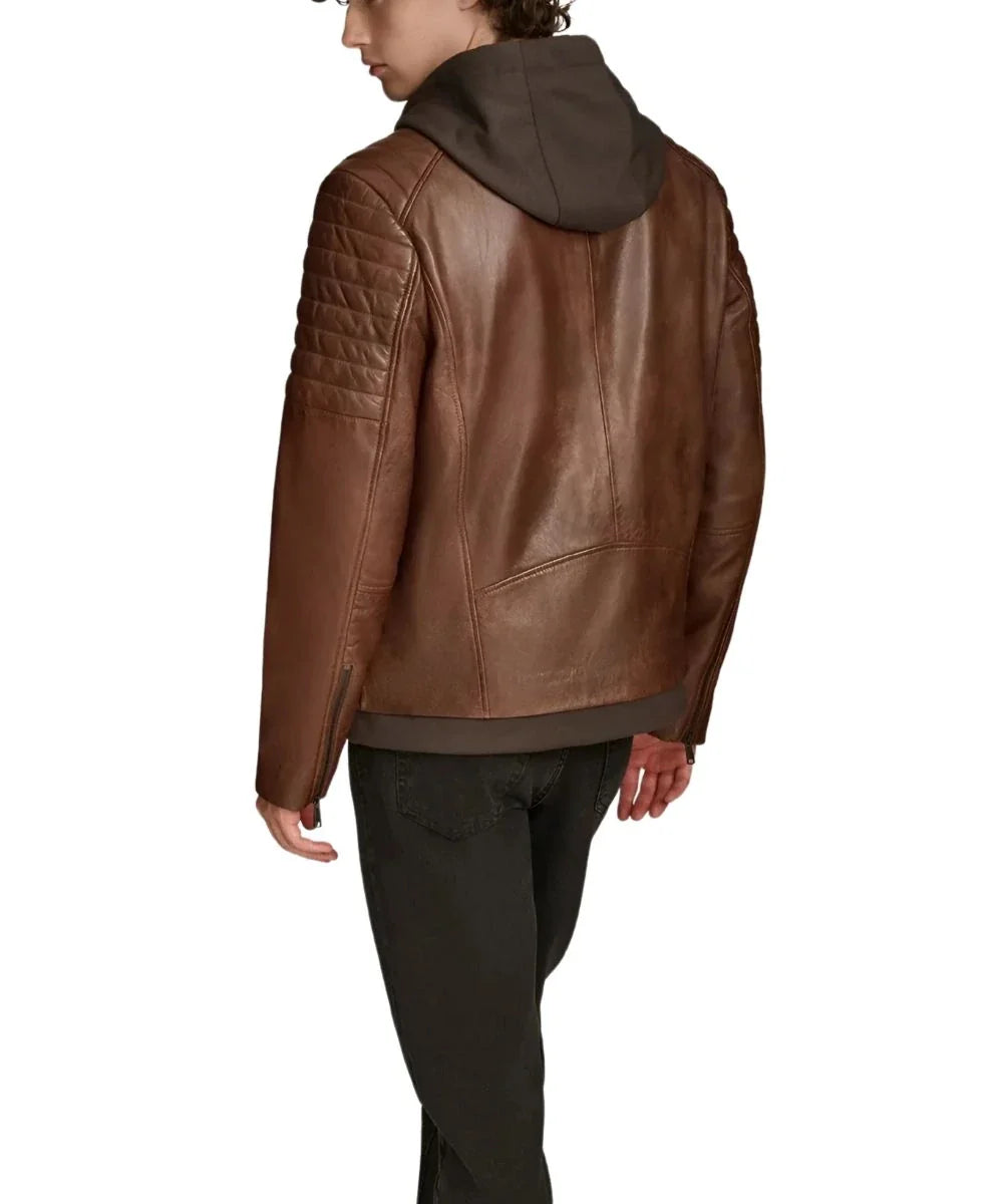 Men's Biker Brown Leather Jacket With Removable Hood
