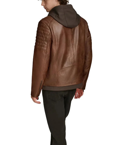 Men's Biker Brown Leather Jacket With Removable Hood
