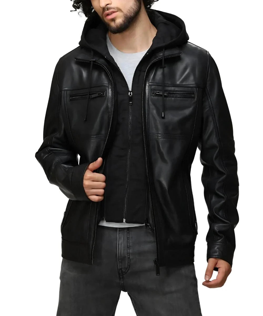 Men's Black Biker Leather Bomber Jacket With Detachable Hood