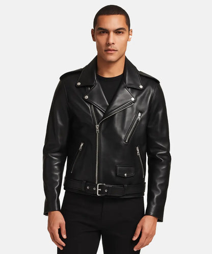 Men's Black Motorcycle Biker Leather Bomber Jacket