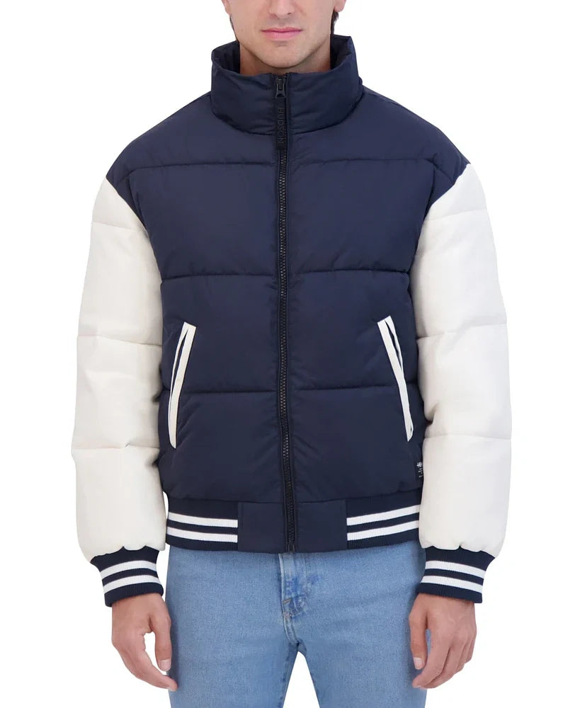 Men's Blue & White Puffer Varsity Bomber Jacket
