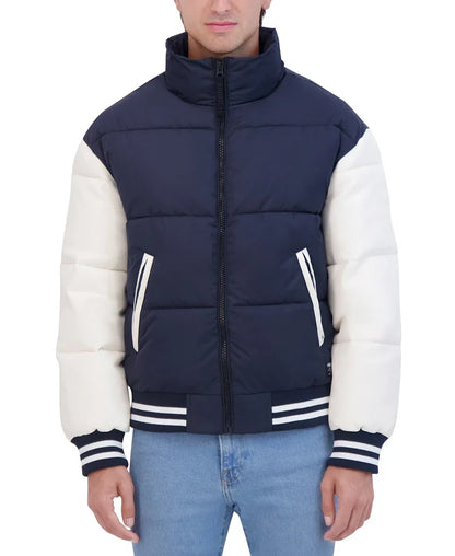 Men's Blue & White Puffer Varsity Bomber Jacket