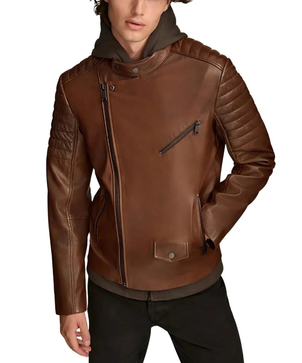 Men's Brown Leather Biker Jacket With Removable Hood