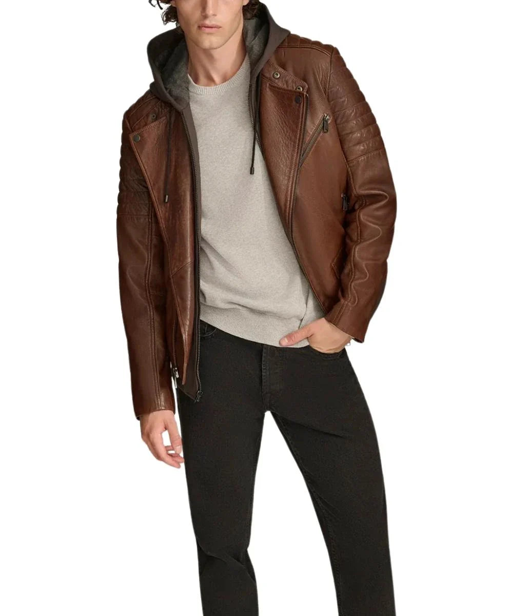 Men's Brown Leather Jacket With Removable Hood