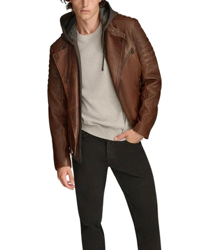 Men's Brown Leather Jacket With Removable Hood