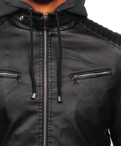 Men's Motorcycle Real Leather Hooded Jacket Black
