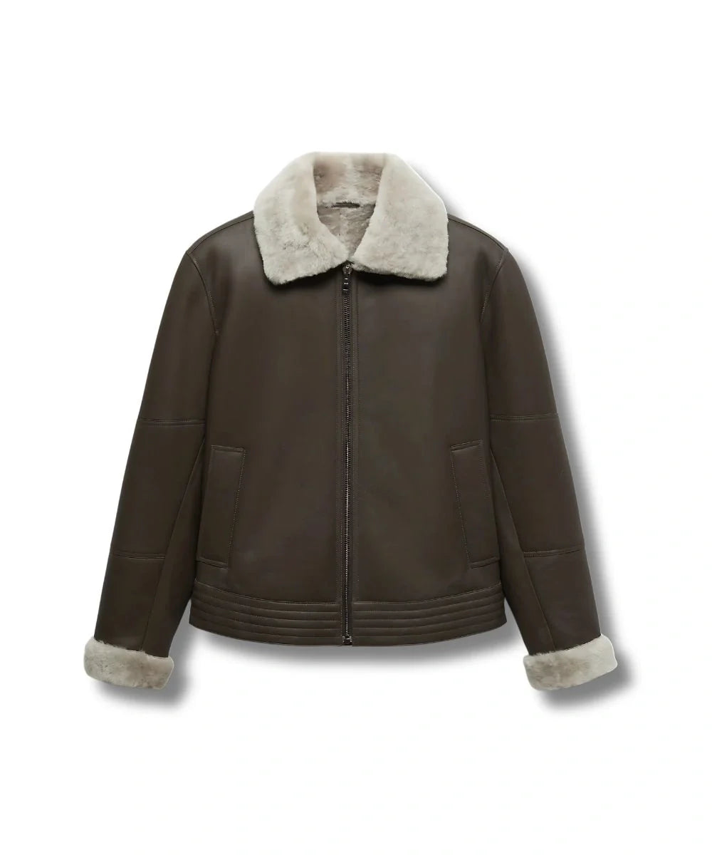 Mens Aviator Brown Shearling Leather Bomber Jacket