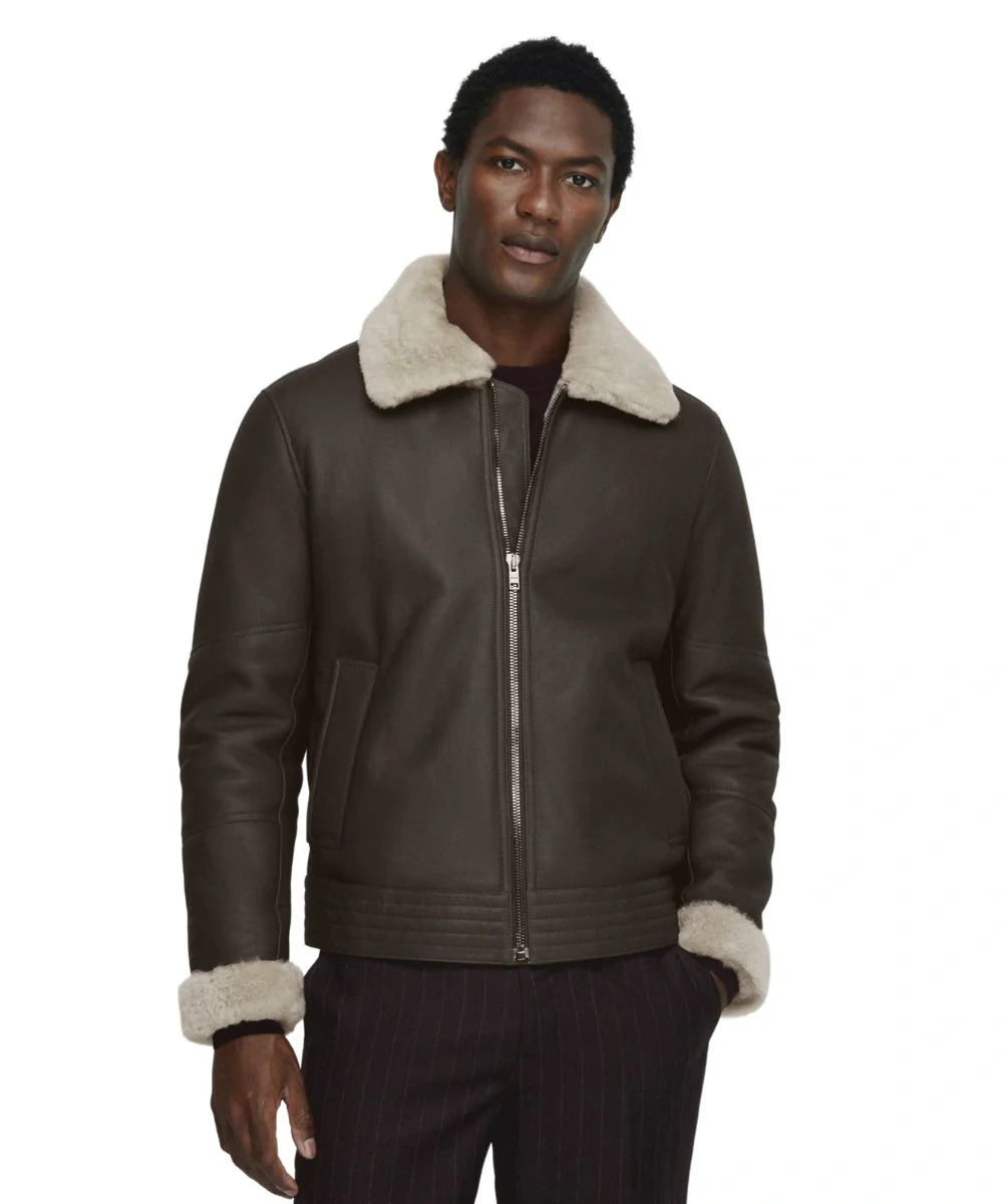 Mens Aviator Shearling Brown Leather Bomber Jacket