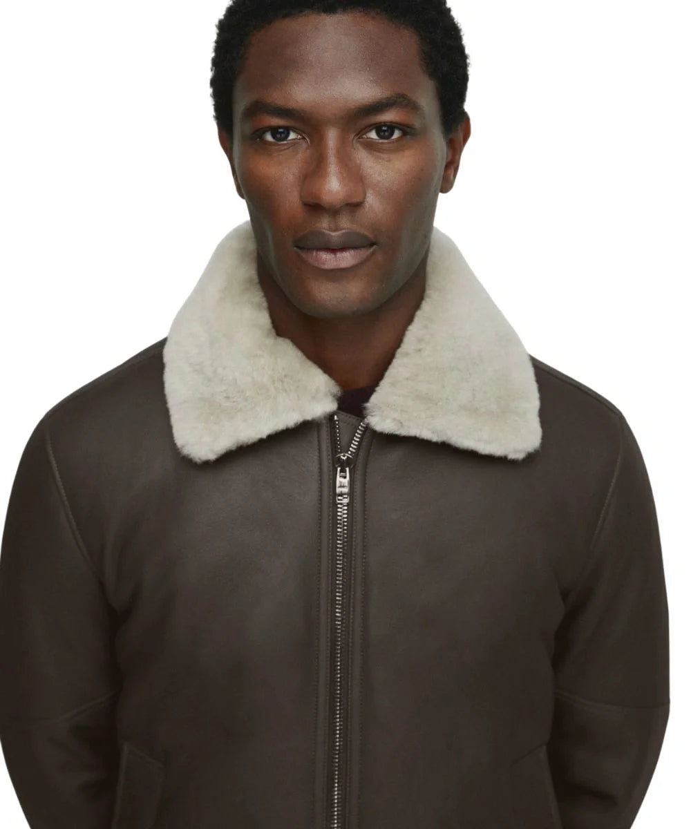 Mens Aviator Shearling Leather Bomber Brown Jacket