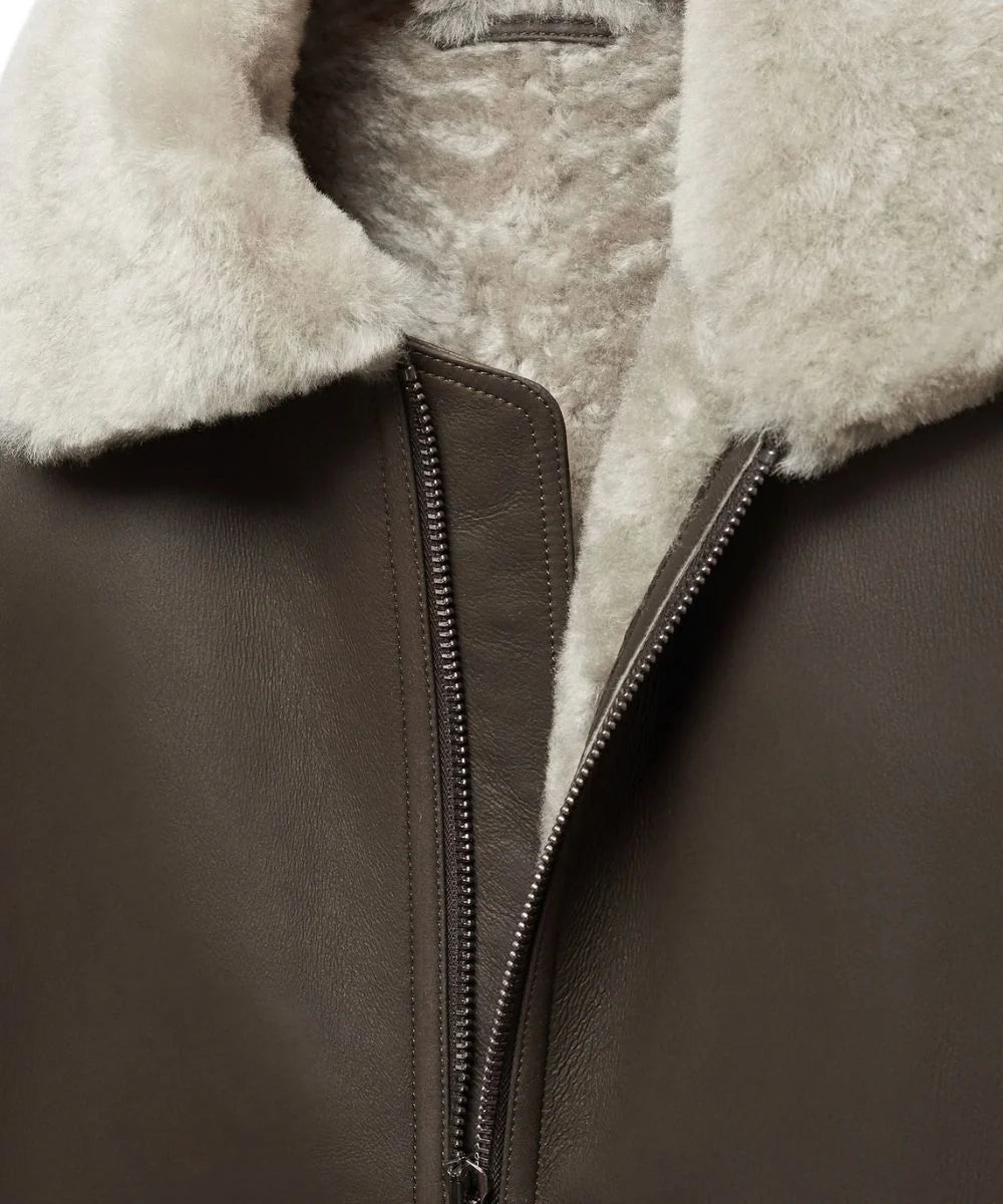 Mens Aviator Shearling Leather Bomber Jacket Brown 