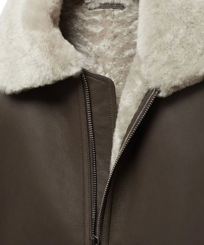 Mens Aviator Shearling Leather Bomber Jacket Brown 