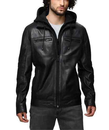 Mens Biker Black Leather Bomber Jacket With Detachable Hood