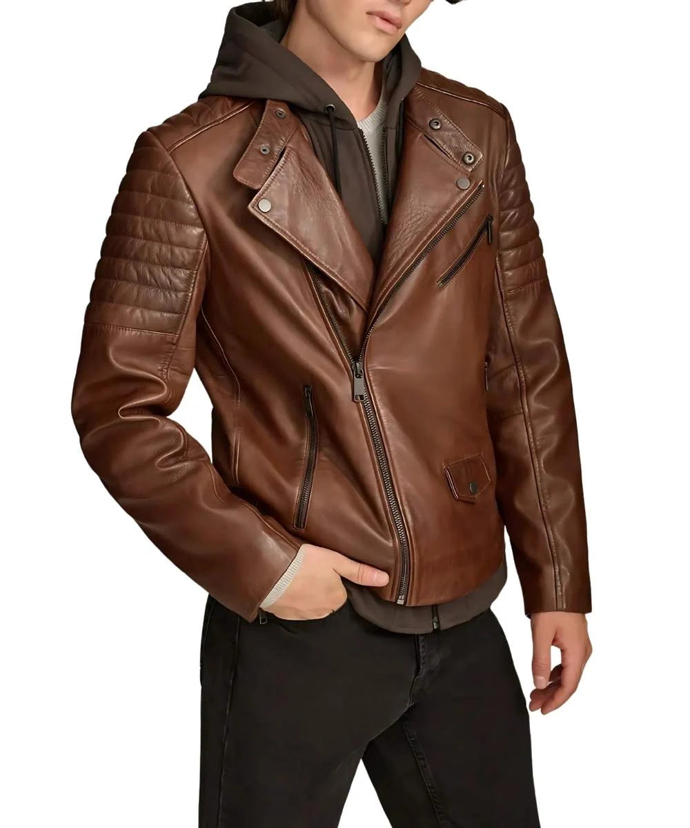 Mens Biker Brown Leather Jacket With Removable Hood