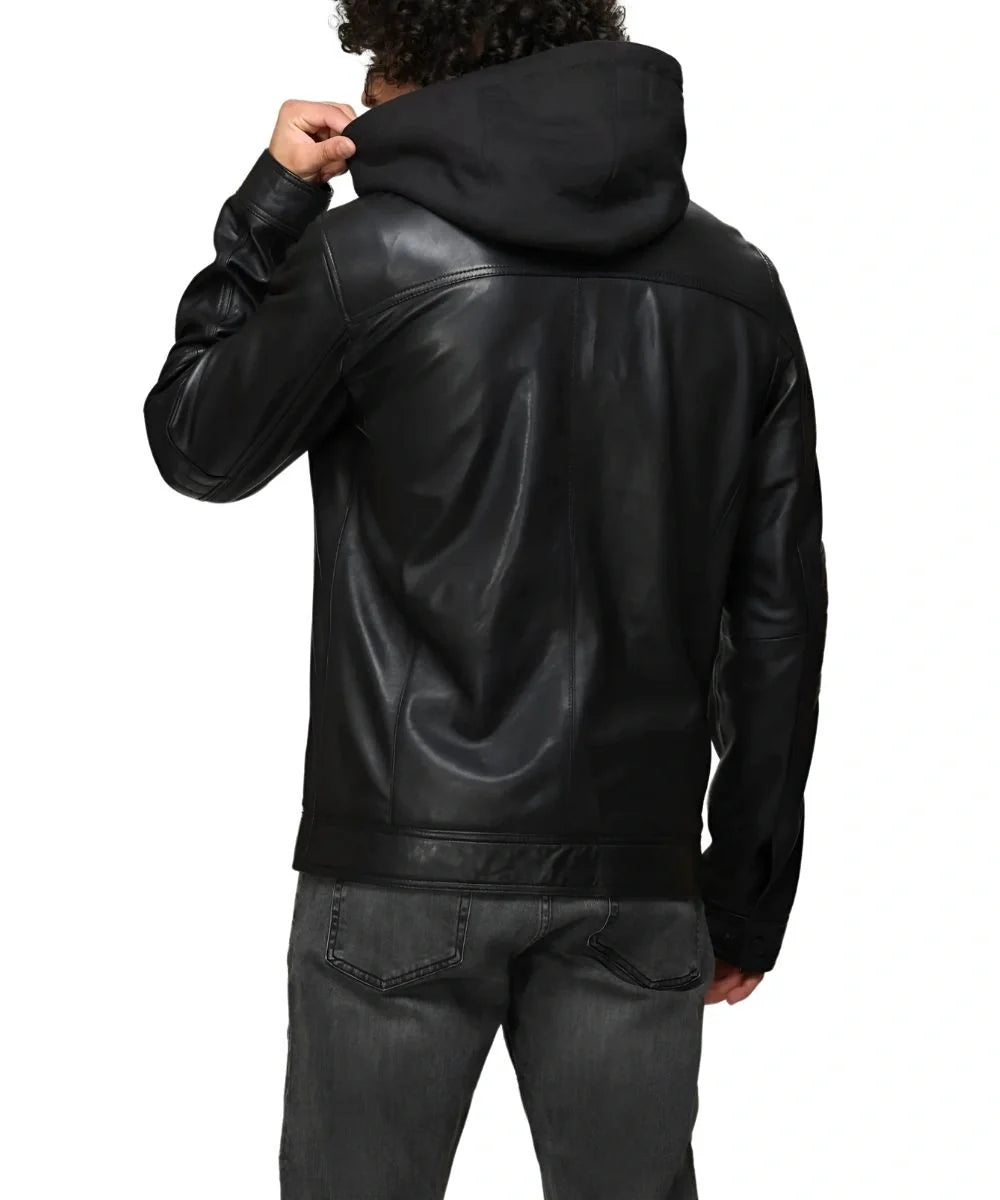 Mens Biker Leather Bomber Black Jacket With Detachable Hood