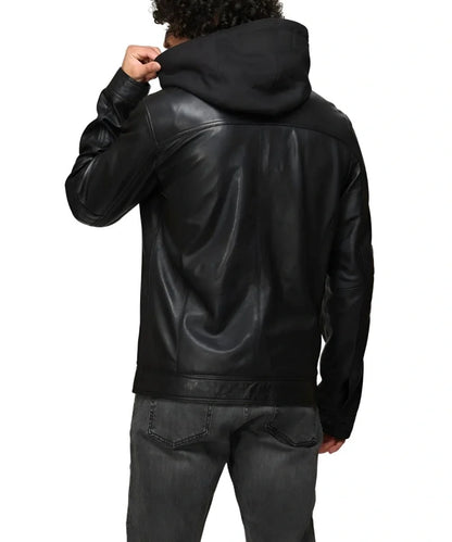 Mens Biker Leather Bomber Black Jacket With Detachable Hood