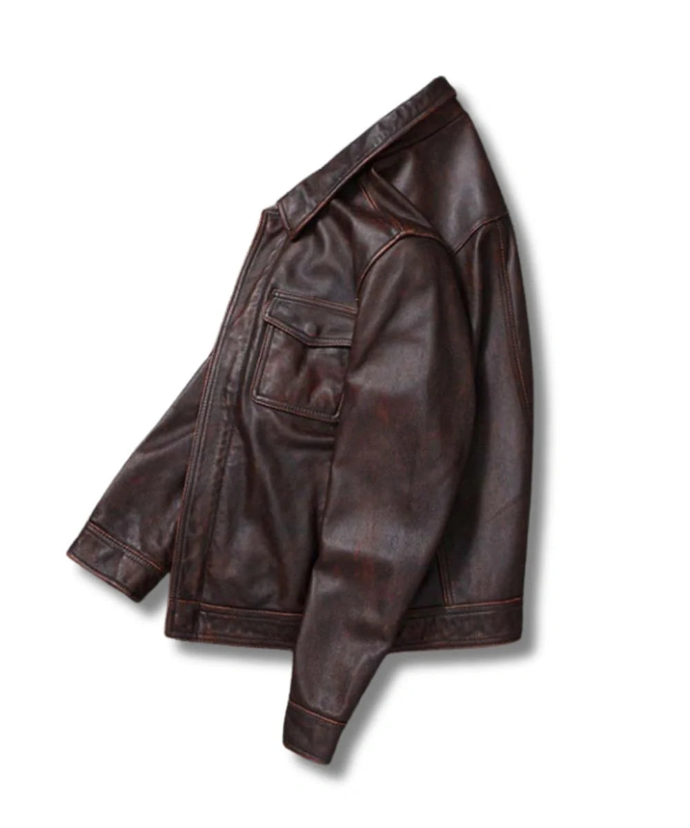 Mens Biker Leather Bomber Jacket Dark Brown