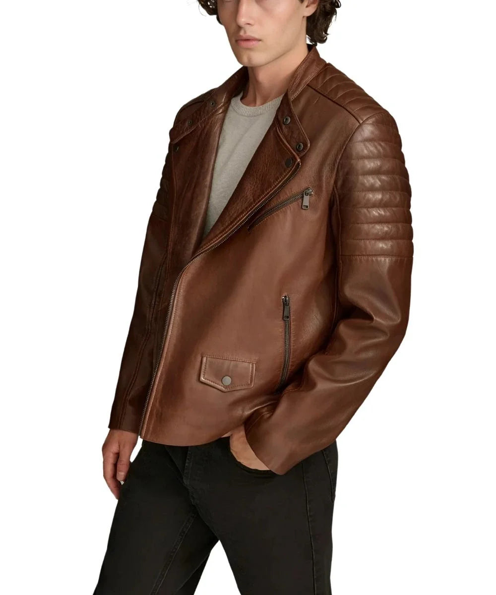 Mens Biker Leather Brown Jacket With Removable Hood
