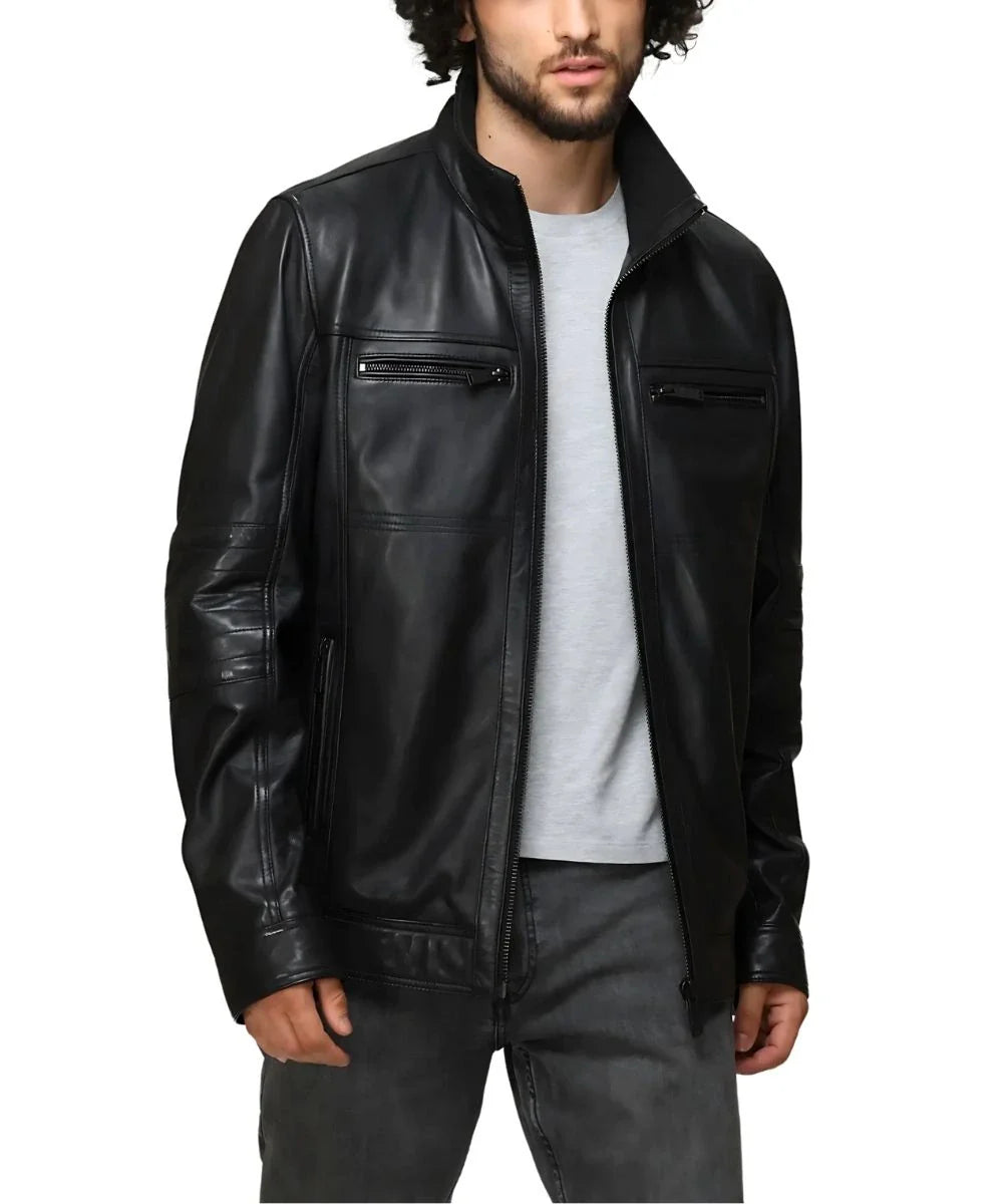 Mens Black Biker Leather Bomber Jacket With Detachable Hood
