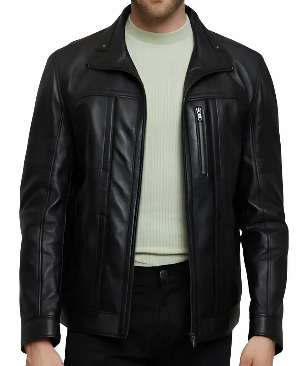 Mens Black Motorcycle Slim Fit Leather Bomber Jacket