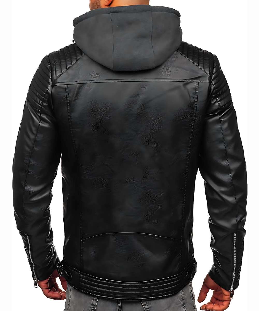 Mens Black Real Leather Motorcycle Jacket With Hood
