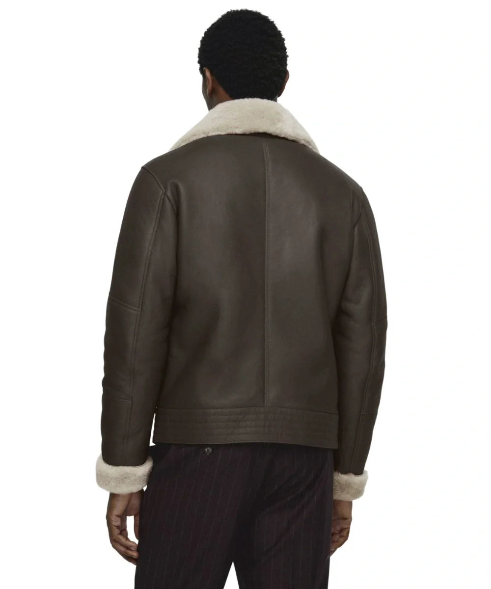 Mens Brown Aviator Shearling Leather Bomber Jacket 