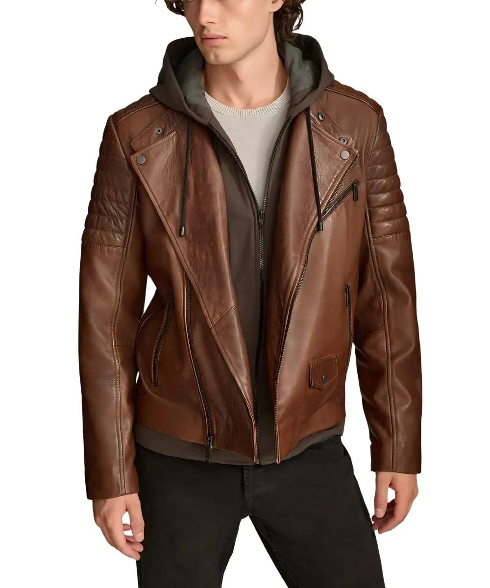 Mens Brown Biker Leather Jacket With Removable Hood