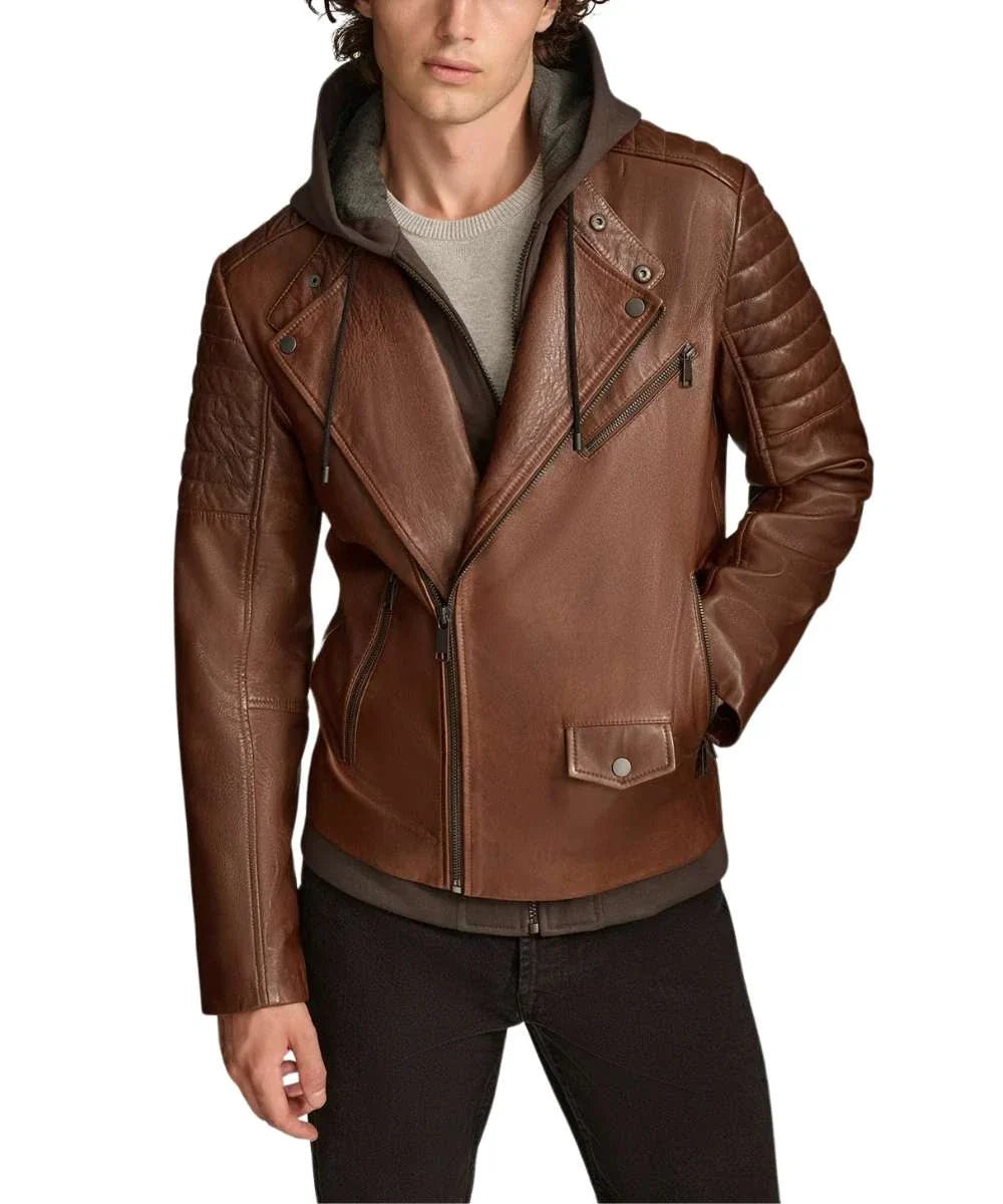 Mens Brown Biker Leather Jacket With a Removable Hood