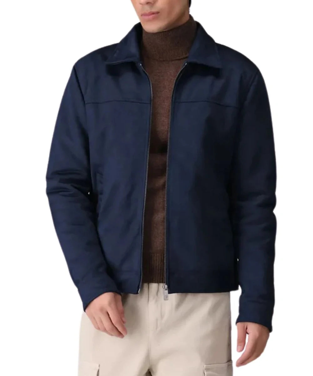 Mens Dark Blue Suede Leather Bomber Jacket