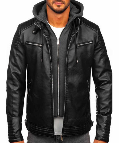 Mens Motorcycle Real Leather Hood Jacket Black