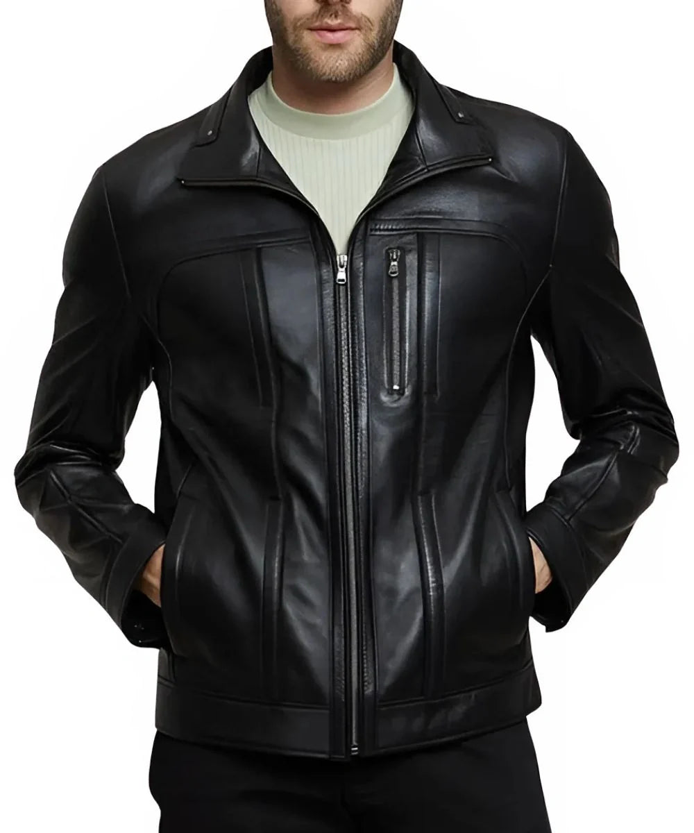 Mens Motorcycle Slim Fit Leather Bomber Jacket Black 