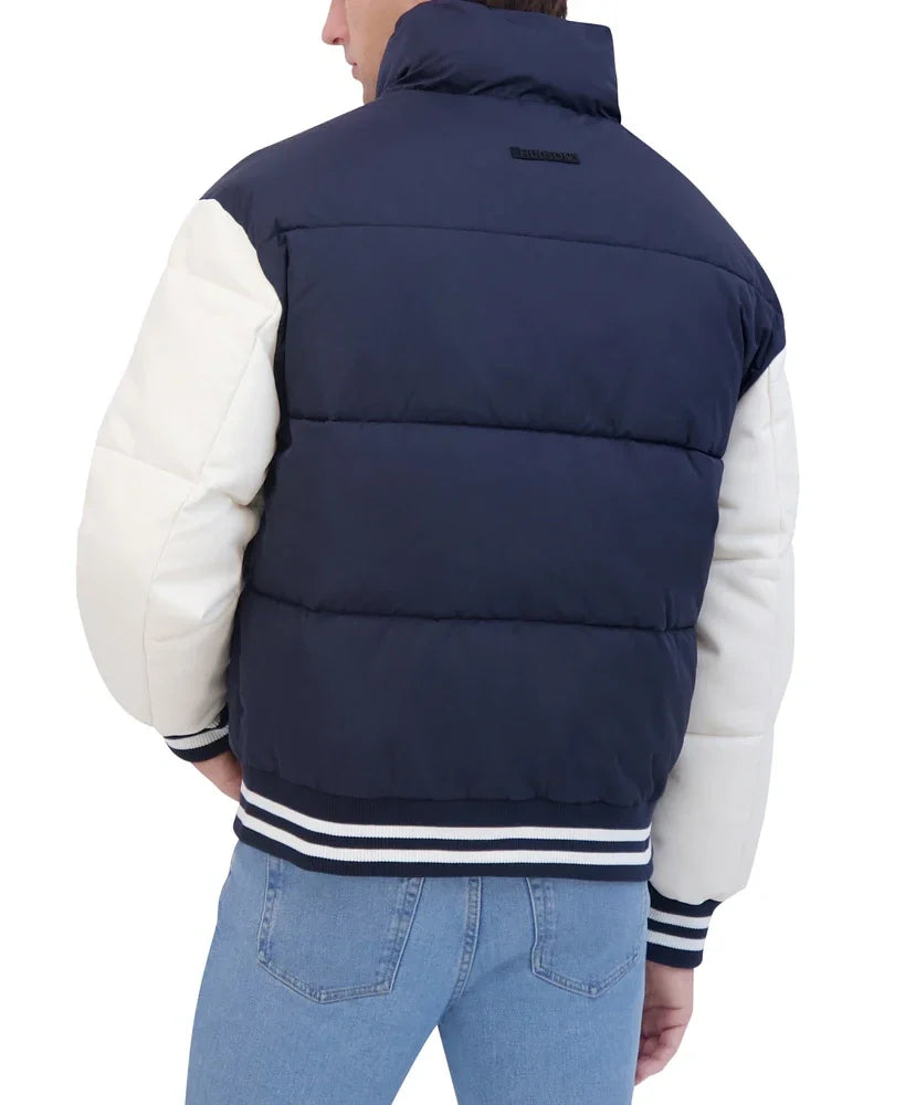 Mens Puffer Varsity Bomber Jacket Blue & White 