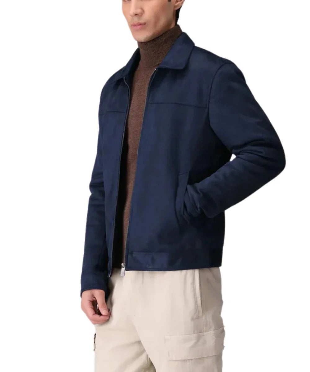 Mens Suede Dark Blue Leather Bomber Jacket