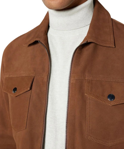 Mens Suede Leather Bomber Jacket Tan 