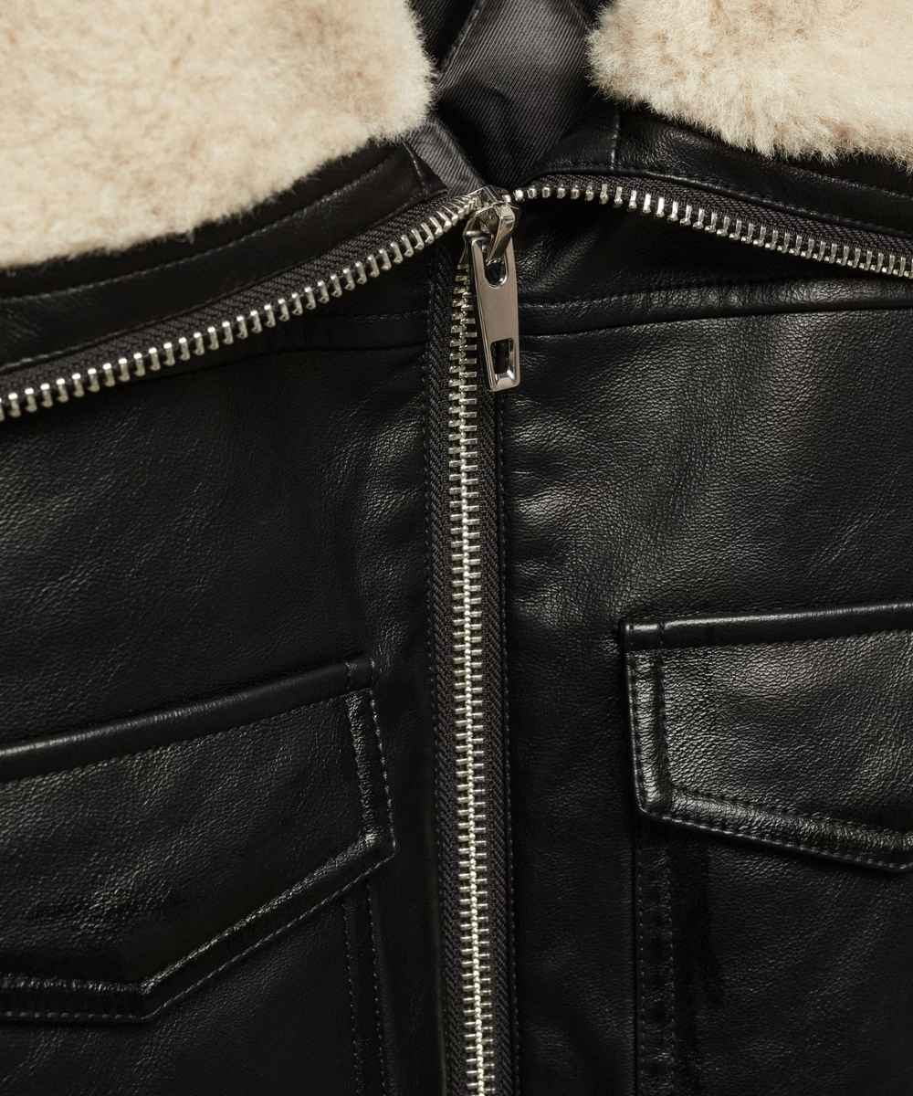 Sherpa-Lined Black Shearling Leather Flight Bomber Jacket Womens