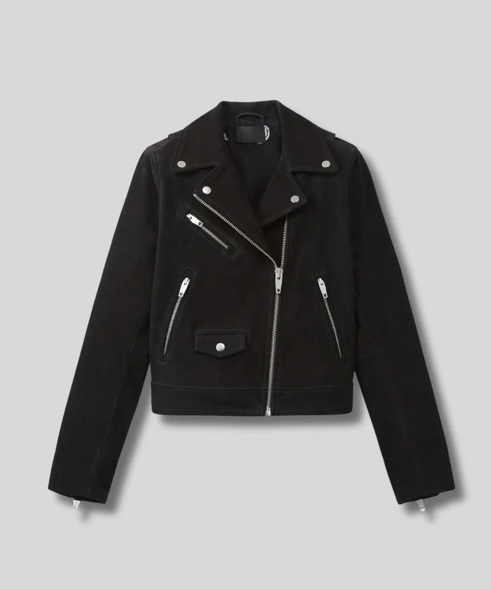 Suede Biker Black Leather Bomber Jacket For Women