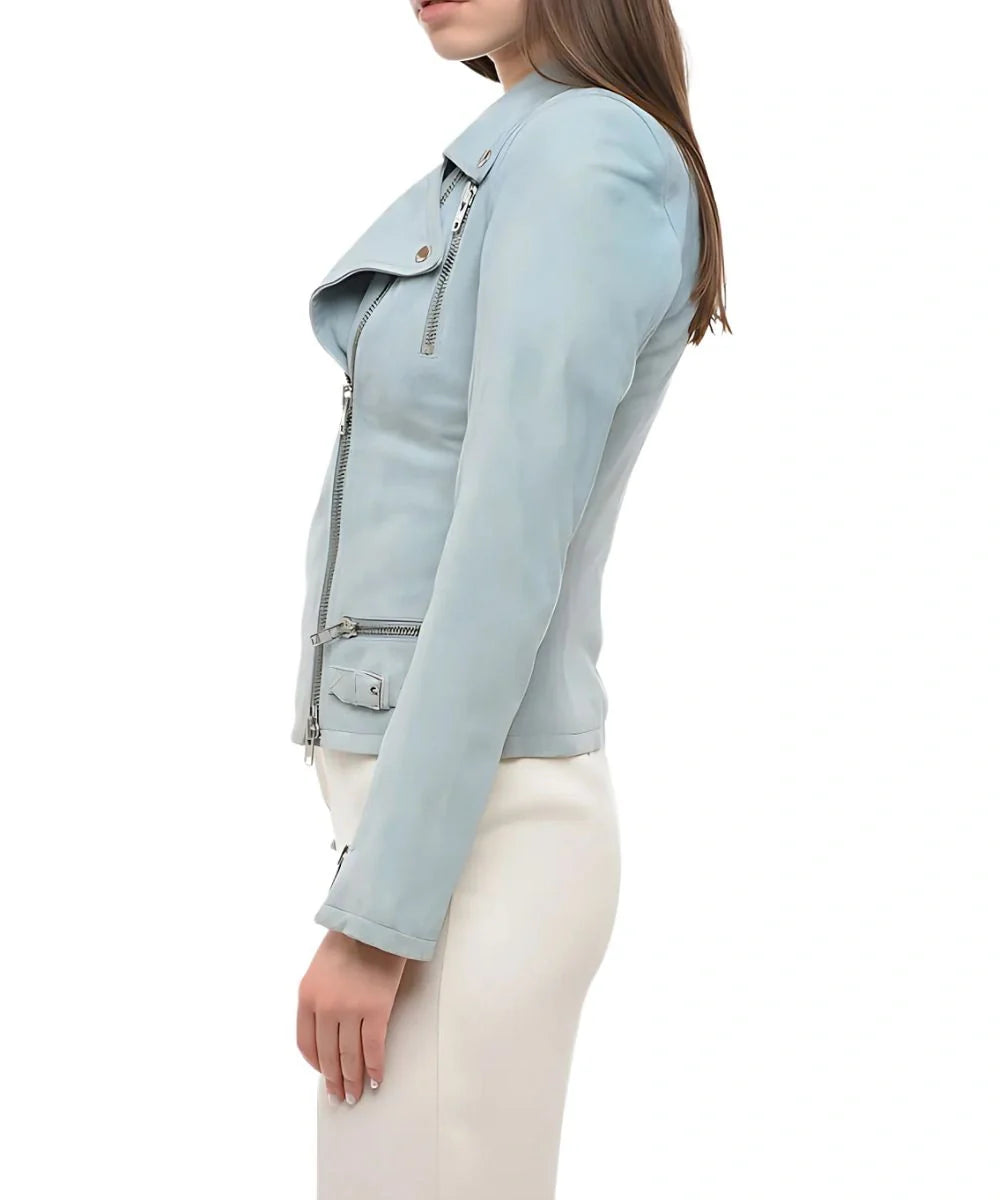 Suede Biker Light Blue Leather Bomber Jacket Womens 
