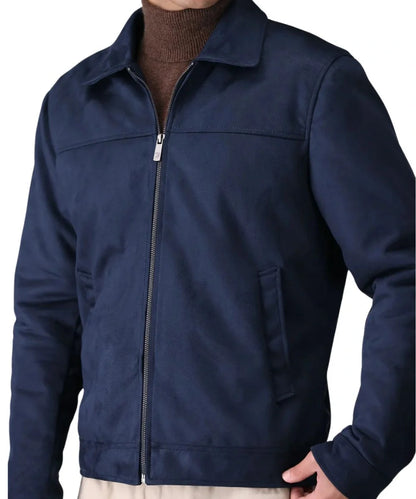 Suede Dark Blue Leather Bomber Jacket For Men