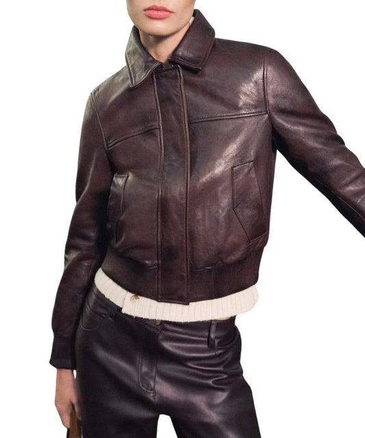 Women's Biker Leather Bomber Jacket Dark Brown