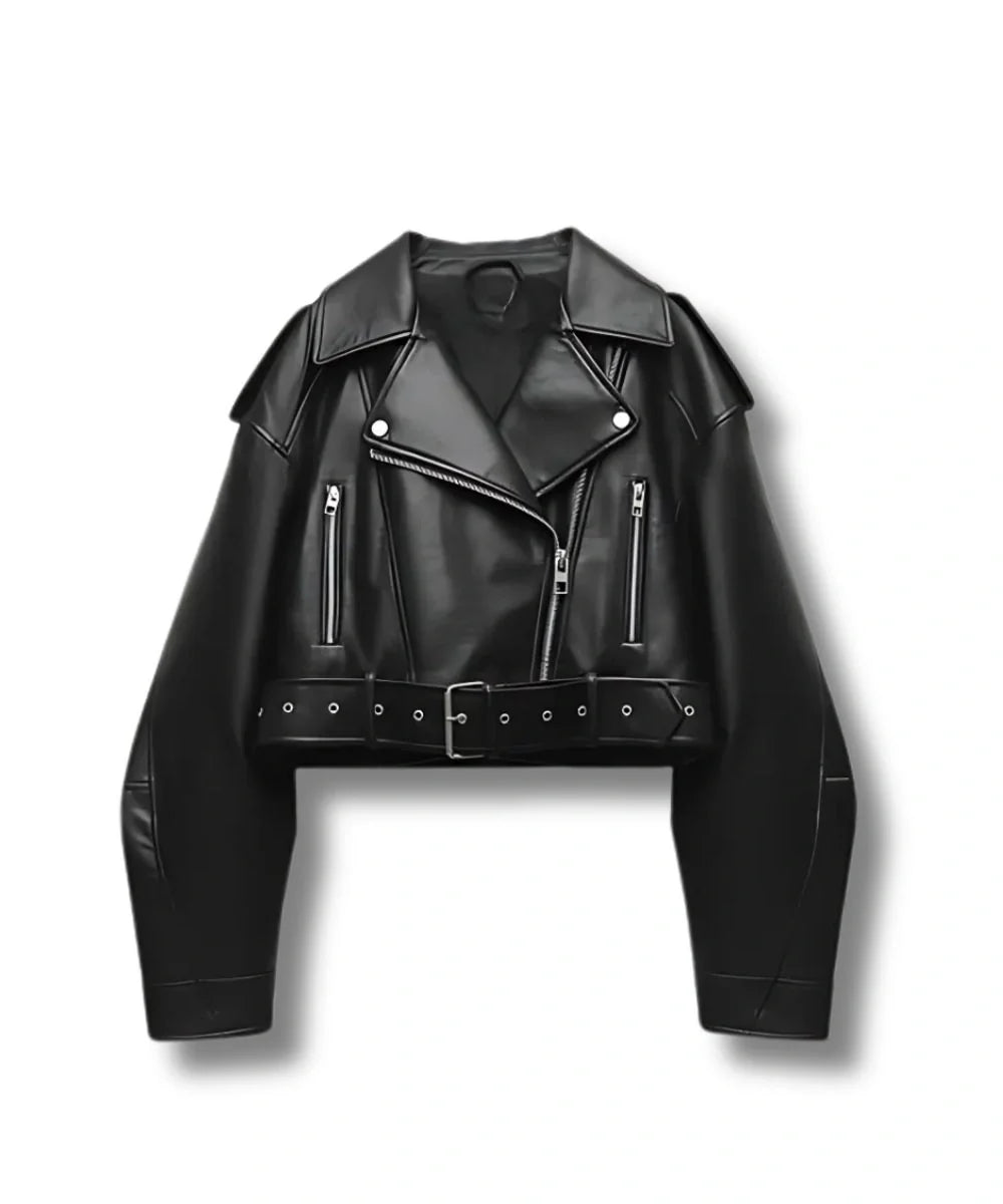 Women's Black Cropped Leather Bomber Jacket