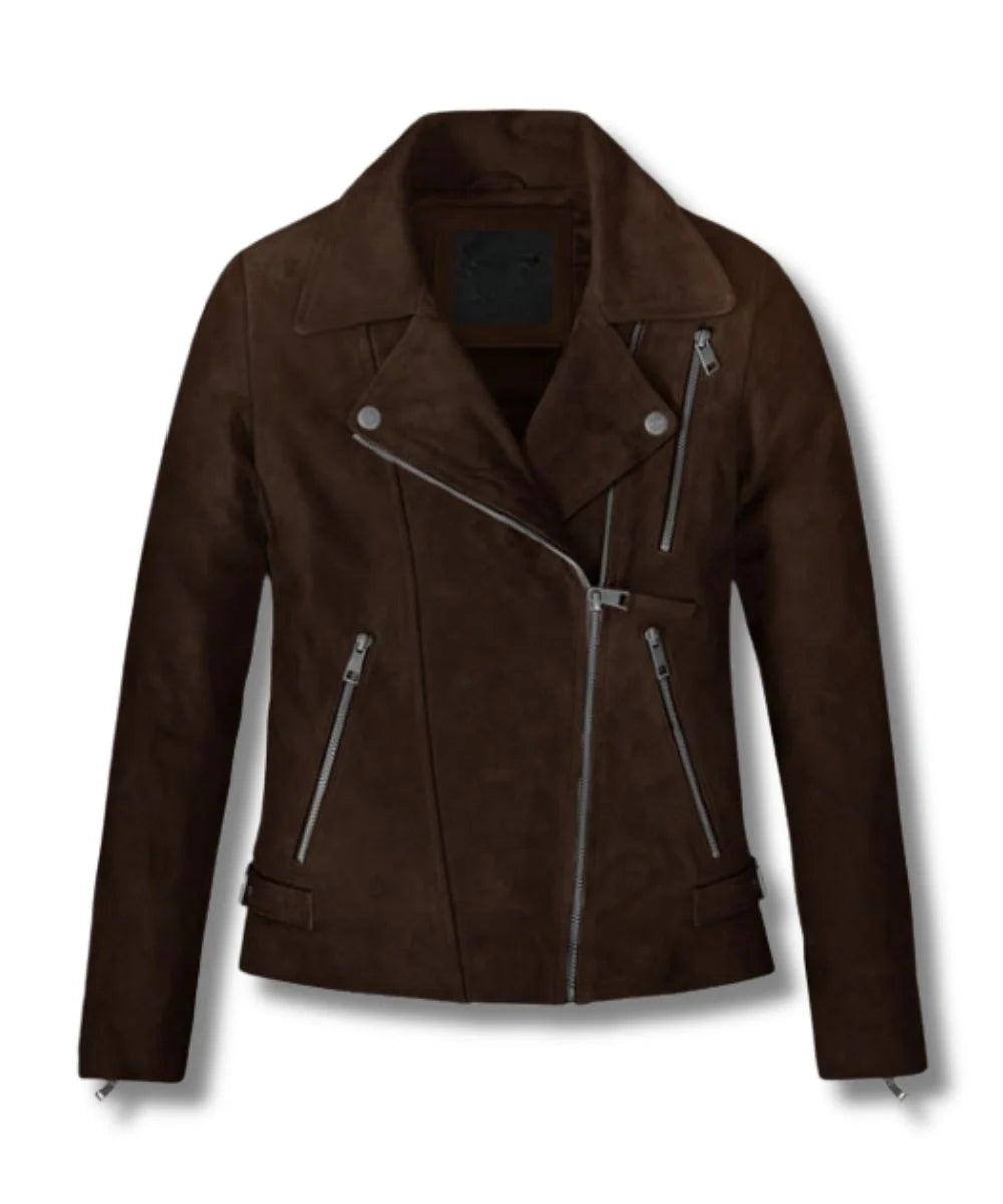 Women's Dark Brown Suede Biker Leather Bomber Jacket