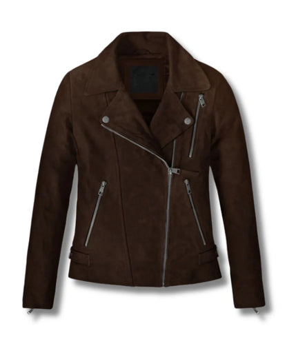 Women's Dark Brown Suede Biker Leather Bomber Jacket