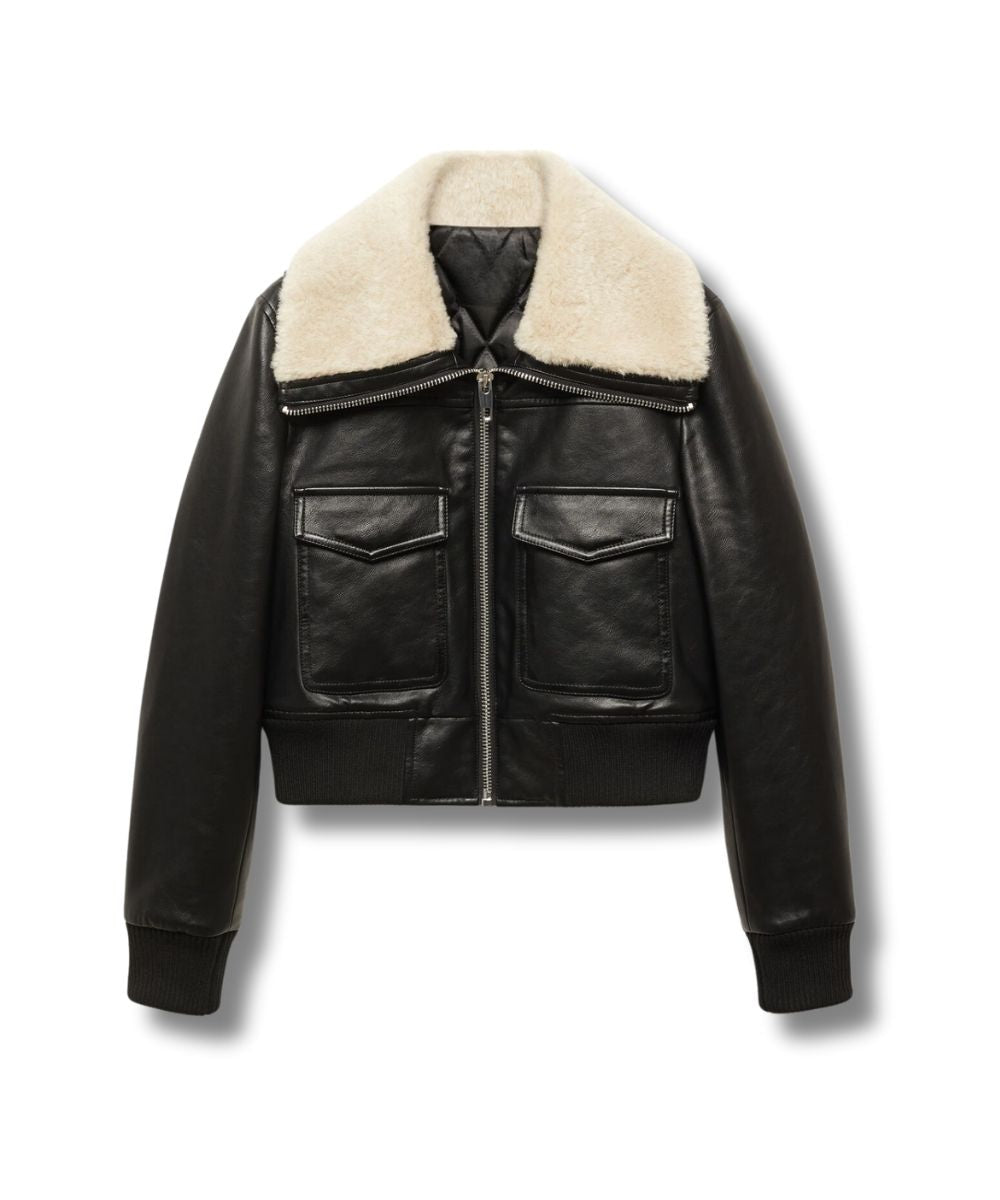 Women's Sherpa Lined Black Shearling Leather Flight Bomber Jacket