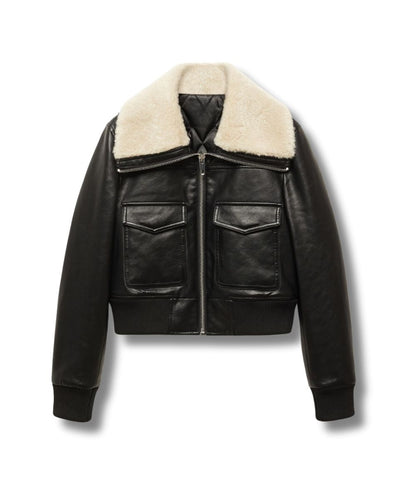 Women's Sherpa Lined Black Shearling Leather Flight Bomber Jacket